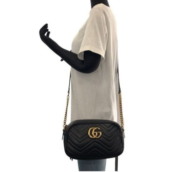Authentic GUCCI Marmont GG Camera Bag Calfskin Crossbody Chain Shoulder Black - Picture 4 of 16